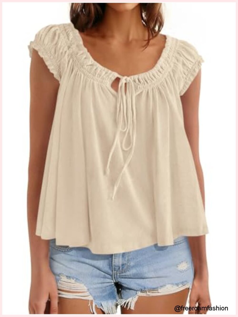 Flowy Babydoll Peplum Top Cute Cap Ruffle Sleeve Blouse Scoop Neck Tie Front